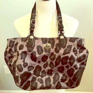 Coach leopard tote in nylon with leather trim.